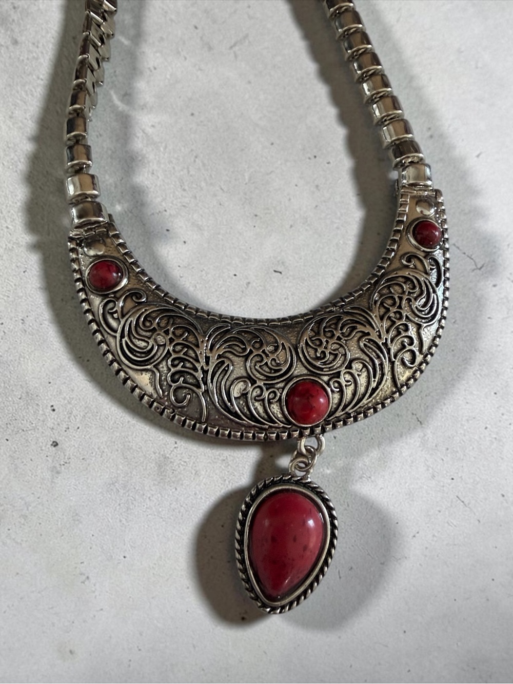 Silver-Tone Filigree Bib Necklace with Red Stone Cabochons